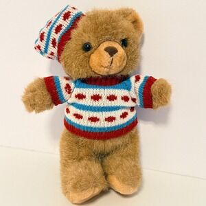 Russ Berrie Teddy Bear 10" Plush Knit Sweater Hat Vintage Stuffed Animal Vintage